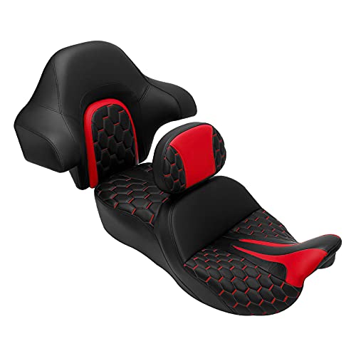 C.C. RIDER 2 Up Rider&Passenger Seat and Driver Backrest Wrap Around King Trunk Backrest fit for Harley Touring Road King Street Glide Road Glide Electra Glide 2014-2023 - color: Set 23#Black+Red