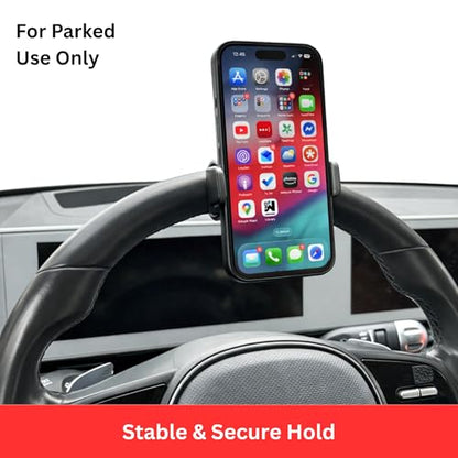 Maxby Steering Wheel Phone Holder Mount for Parked Use, Universal Clamp Fits Most Phones, 360° Rotating Adjustable Bracket, Quick Attach Detach, Hands-Free Viewing for Waiting and Meals in the Car