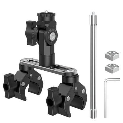 All-in-One Super Clamp Camera Mount & Adjustable Arm Stand with Extension Rod – Dual Ball Head Clamp Mount for Motorcycle, Bike, Tripod with 1/4" Adapter Fits Insta360, GoPro and DJI Action etc