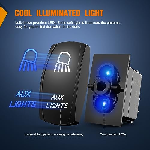 Nilight Aux Lights Rocker Switch Led Light Bar 5 Pin Laser On Off SPST switches 20A/12V 10A/24V Blue with Jumper Wires Set for Cars Trucks Boats ATVs UTVs RVs - size: AUX LIGHTS