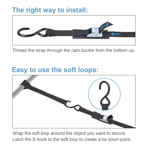 EXVITAL Tie Down Straps with Hook Cam Buckle Straps 1" x 12’ 1200lbs Break Strenght with Extra Soft Loops for Motorcycle, Kayak, ATVs, Dirt Bike, Truck, Car Black 4 Pack - size: 1"x12'x4