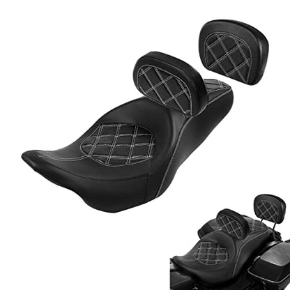 C.C. RIDER Classic Seat Backrest Pad - Driver Sissy Bar fit for Harley Davidson Touring Road King Street Glide Electra Glide Road Glide 2009-2023 - color: Seat + Driver Pad + Passenger Pad Black White