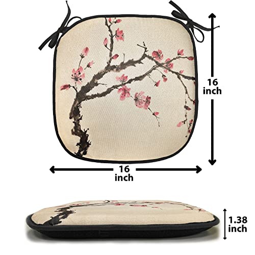 Lunarable Japanese Chair Cushion Pad, Traditional Chinese Paint of Figural Tree Details Brushstroke Effects Print, Seat Padding for Kitchen & Patio with Anti-Slip Backing, 16"x16", Pink Brown - color: Pink Brown, size: Pack of 1