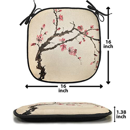 Lunarable Japanese Chair Cushion Pad, Traditional Chinese Paint of Figural Tree Details Brushstroke Effects Print, Seat Padding for Kitchen & Patio with Anti-Slip Backing, 16"x16", Pink Brown - color: Pink Brown, size: Pack of 1