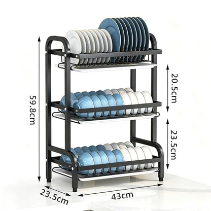 3 Tier Dish Drying Rack for Kitchen Counter, Large Capacity Dish Rack with Drainboard Set & Utensil Holder, Rustproof Metal Dish Drainer with Cup Bowl Plate Storage - color: Black2