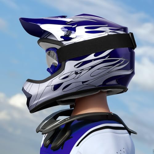 SLMOTO Youth ATV Helmet Blue Flame Dot Motocross Offroad Street Helmet Motorcycle Helmet Dirt Bike Motocross ATV Helmet+Goggles+Gloves,Large - color: Blue Frame, size: Large