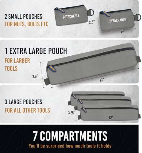 CRAFT911 Durable Tool Bag Organizers w/Detachable 6 Tool Pouches - Small | Compact & Lightweight Tool Roll Up Organizer for Electrician, Mechanic, Hobbyist - color: Gray