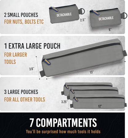 CRAFT911 Durable Tool Bag Organizers w/Detachable 6 Tool Pouches - Small | Compact & Lightweight Tool Roll Up Organizer for Electrician, Mechanic, Hobbyist - color: Gray