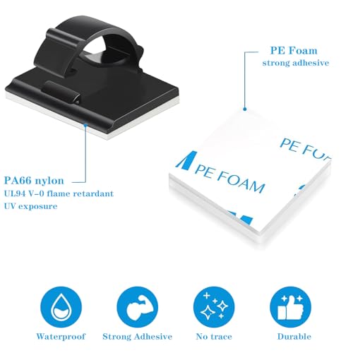 Adhesive Cable Holder Management Wire Clips 50 Pcs Black，Suitable for Cables with a Diameter of ≤ 6mm in Cars, Houses, and Offices - color: Black