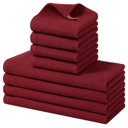Homaxy 100% Cotton Kitchen Towels and Dishcloths Set, 12 x 12 Inches and 13 x 28 Inches, Set of 8 Bulk Kitchen Towels Set, Ultra Soft Absorbent Dish Cloths for Washing Dishes, Burgundy - color: Burgundy, style: 8-Piece Set