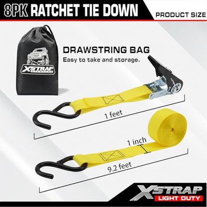 XSTRAP STANDARD 8-Pack Ratchet Tie Down Straps, 1" x 10ft, 900lb Break Strength Heavy Duty Straps for Motorcycles, ATVs, Lawn Equipment, Appliances & Truck Cargo - Yellow - color: Yellow