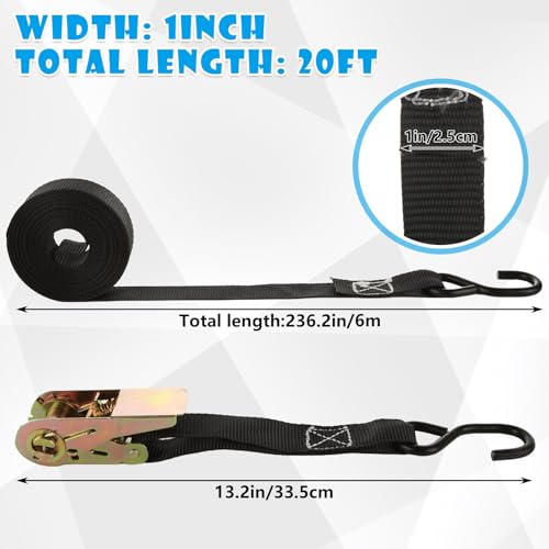 6 Pcs 1 Inch Ratchet Straps Heavy Duty 20ft Tie Down Strap Ratchet with Hooks, 2200 LBS Break Strength, Black Cargo Ratchet Straps for Motorcycle Straps Tie Downs, Appliances, Equipment - color: Black