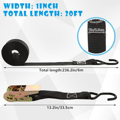 6 Pcs 1 Inch Ratchet Straps Heavy Duty 20ft Tie Down Strap Ratchet with Hooks, 2200 LBS Break Strength, Black Cargo Ratchet Straps for Motorcycle Straps Tie Downs, Appliances, Equipment - color: Black
