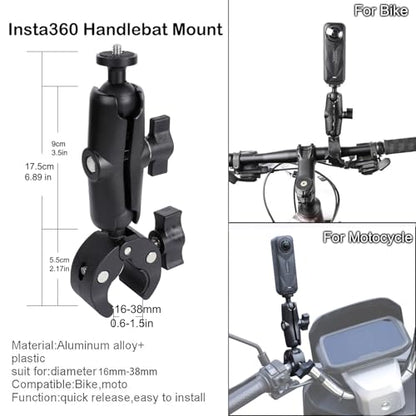 PellKing Bike Motorcycle Handlebar Mounting Bundle Kit for Insta360 X5/X4,Action 5 Pro/4/3, Included 360 Rotation Handlebar Mount,1/4" Adapter Helmet Adhesive Stick,Backpack Clip,Screen Protector