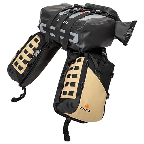 TUSK Highland X2 Rackless Luggage System w/Small Dry Duffel Tail Bag Compatible with KTM/Husky 690-701 Heat Shield Black/Tan - color: Black/Tan, size: Small Dry Duffel/Tail Bag, style: Ktm/Husky 690-701 Heat Shield