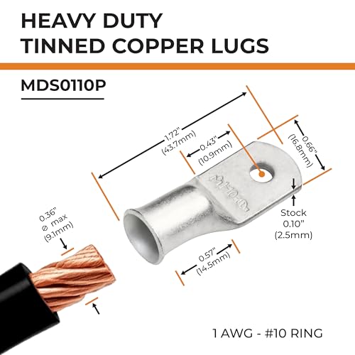 SELTERM 10pcs 1 AWG-#10 Stud Tinned Copper Wire Lugs, Heavy Duty Battery Cable Ends,1 Gauge Ring Terminals, UL Battery Lugs Marine Grade Copper Eyelets Electrical Battery Terminal Connectors - color: Tinned Copper Lugs, size: 1 Awg - 10 (M5) Ring