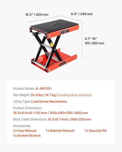 Motorcycle Lift 1200lbs - Scissor Jack, Wide Deck, 4.1-15in Height, Heavy Duty Steel - ATV, Dirt Bike Repair Stand