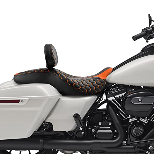 C.C. RIDER Motorcycle Seat Driver Passenger Touring Seat with Backrests for Harley Davison Electra Glide Classic Street Glide Road Glide 2009-2023 - color: Black Orange Seat + Rider Backrest