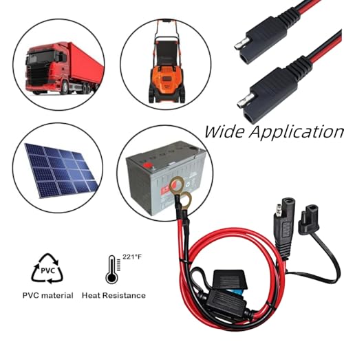SAE Battery Connector 15AWG 2ft - SAE to O Ring Terminal with 15A Fuses, 2-Pin Quick Disconnect for Solar Panel, Motorcycle, Car, RV, Marine (12V/24V)