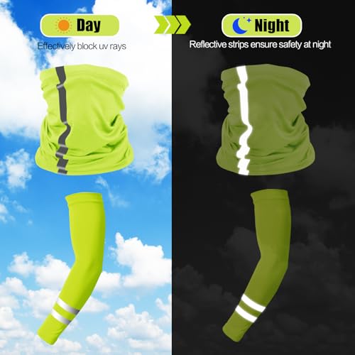 10 PCS UV Protection Reflective Strap Arm Sleeves and Neck Gaiter Reflective Safety Bandana for Outdoor Activities - color: Fluorescent Yellow