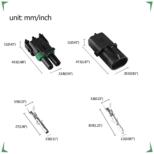 MUYI 10 Kit 2 Pin Weather Pack Connector for 20-14 AWG Wire Harness 2.5mm Series Automotive Electrical Plugs - size: 2pin connector(10 sets)