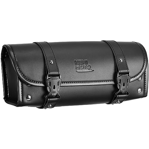 KEMIMOTO Motorcycle Fork Tool Bag Universal PU Leather Roll Bag for Front Fork Handlebar Sissy Bar Storage Pouch Dyna Softail Sportster Scooter - color: Black