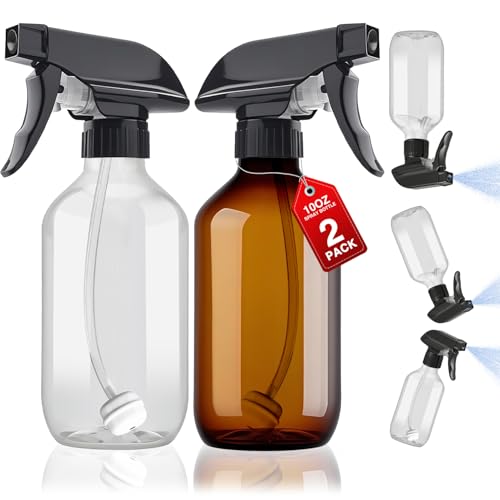 2 Packs Plastic Spray Bottles 360°Water Spray Bottle for Cleaning - 10 oz/300 ml Upside Down Spray Bottle Small Squirt Bottle with Adjustable Nozzle for Hair, Cooking, Plant, Pet (Clear + Brown) - color: Clear & Brown, size: 10oz