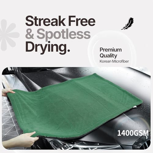 Extra Large Car Drying Towel, 36 Inches, 1300gsm,Super Absorbent Polyamide, Double-Twisted Design (Green and Grey) - color: Green and Grey