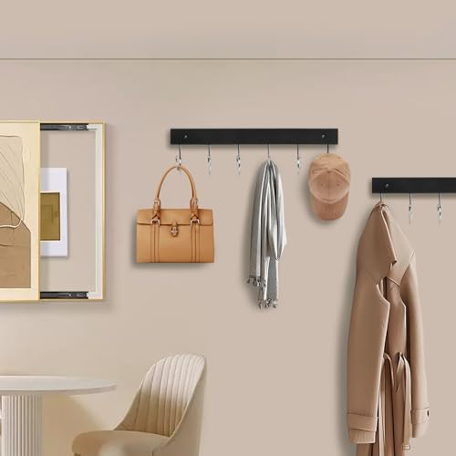 2 Pack Coat Rack Wall Mount with 12 Rotating 180° Coat Hooks, 14.6" Rustproof Wooden Entryway Organizer, Wall Hooks for Hanging Coats, Purse, Hats, Jackets, Towels, Space Saving Hanger (Black) - color: Black