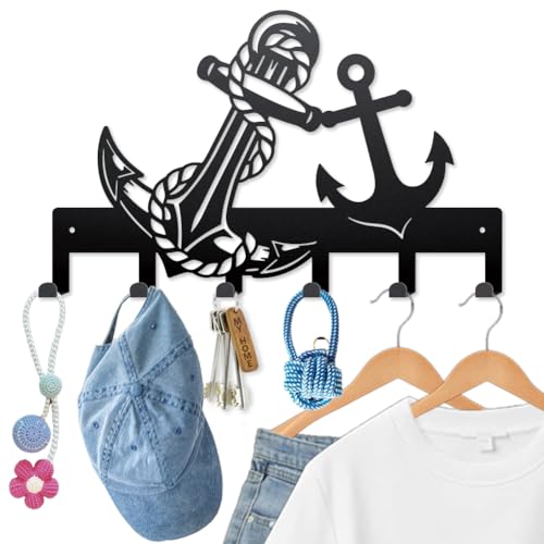 MAYJOYDIY Sailing Anchors Metal Key Hook Sailor Rope Coat Rack Wall Mounted 15.7×9.8inch Art Wall Decor Key Holder Organizer Rack with 6 Hooks for Gift Coats Hats Towels Bags Hanging - style: Sailing Anchors
