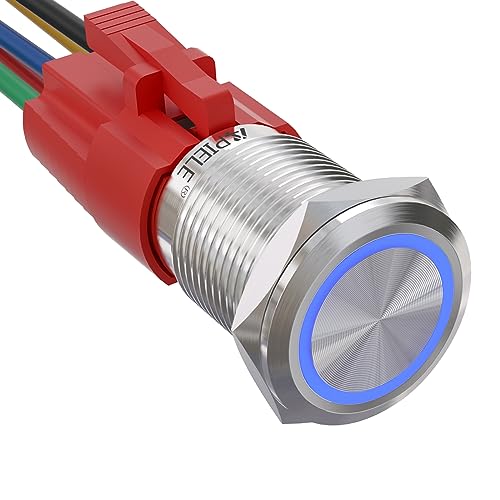 APIELE 16mm Latching Push Button Switch 12V DC On Off Stainless Steel with LED Angel Eye Head for 0.63" Mounting Hole with Wire Socket Plug Self-Locking(Blue) - color: Silver Shell-Blue, size: Silver Shell