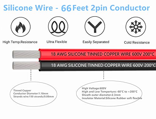 TUOFENG 18 AWG Silicone Wire 2 Conductor Parallel Wire (Black 66ft Red 66ft) Flexible Stranded Wire Electronic Hook up Wires - size: 18 AWG 2 Parallel Wire 66ft