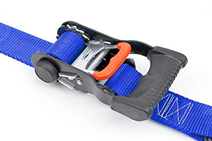 PowerTye 1.5in x 6.5ft Ergonomic Locking Ratchet Soft-Tye Straps with Heavy-Duty Latch Hooks - Made in USA - 1,000 lb. Working Load Limit / 3,000 lb. Breaking Strength - Blue/Black (Pair) - color: Blue