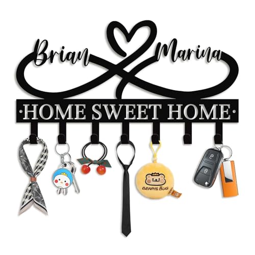 Personalized Couple Key Holder for Wall, Custom Heart Name Hooks | Heart infinity metal key rack for bedroom decor, rust-resistant finish, ideal wedding, anniversary and new home gift - color: Heart