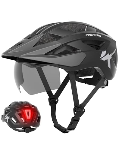 Bike Helmet for Adults, Lightweight Mountain Bicycle Helmet with USB Rechargeable Rear Light Detachable Magnetic Goggles, Road Bike Cycling Helmet with OTG Visor for Men Women - color: Black, size: Medium