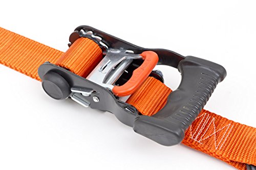 PowerTye 1.5in x 6ft Ergonomic Ratchet Tie-Down Kit w/Latching Hooks, Soft-Tyes, and Storage Bag - Made in USA - 1,000 lb. WLL / 3,000 lb. Breaking Strength - Orange (Kit) - color: Orange