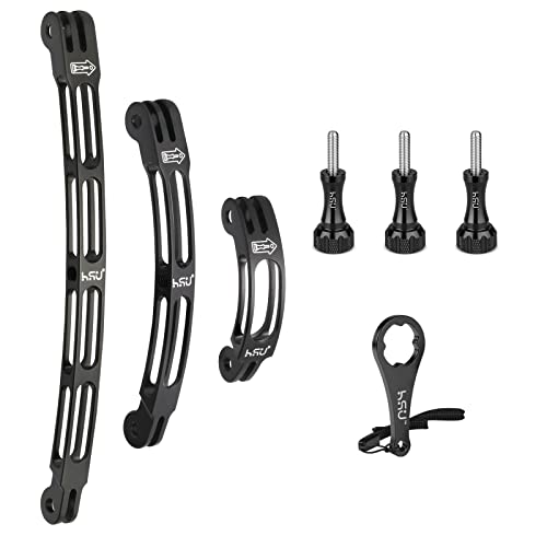 HSU Aluminum Alloy Curved Extension Arm Kit Metal Pole Mount Helmet Stick Extension Arm Mount for GoPro Hero 13/12/11/10/9/8/7/6 Black, DJI Osmo Action and More Action Cameras (7.9”/5.3”/3”) (Black)