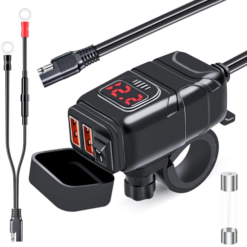Motorcycle Phone Charger,Dual USB 6.8A Quick Charge 3.0 Motorcycle Handlebar Charger with Voltmeter & ON/Off Switch, Waterproof SAE to USB Adapter for Phone, Tablet, GPS (Red) - color: Red