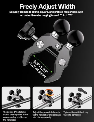 LOKTENWO Anti-Theft Dual Double 1" Ball Tough-Claw Mount, Aluminum Handlebar Clamp Fits 0.5"-1.75" Bars, Compatible with RAM B Size Socket Arm, Dual Device Motorcycle ATV GPS Camera Holder Base