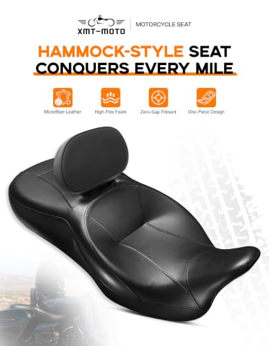 XMT-MOTO Motorcycle Seat, One-Piece Hammock Driver & Passenger Seat w/Rider Backrest Pad Fit for Harley Touring 2009-2023 Road King Street Glide Electra Glide FLHR FLHX FLTRX - style: Seat+ Driver Backrest For Harley Touring '09-'23