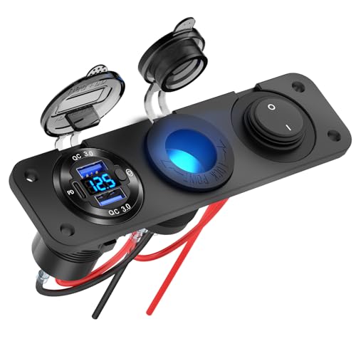 12V USB Outlet Boat Accessories Marine Switch Panel Plug, PD3.0 and Dual QC3.0 USB Ports Aluminum Car Charger with Voltmeter, Lighted 150W Cigarette Lighter Socket and Toggle Switch 3 in 1 DIY Kit - color: Charger+Socket+Switch