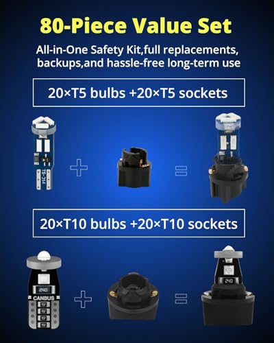 WLJH 40 Pack T10 & T5 LED Bulbs With Sockets, 194/168/W5W/2721/74, Non-Polarity, Dimmable, for Interior Dash Gauge, Dome, Map, Vanity Mirror, Glove Box,Trunk,License Plate Lights, 300 LM Blue - color: Blue