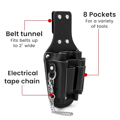 Small Tool Pouch, Genuine Leather Electrician Tool Pouch | 7 Pockets with Metal Tape Chain, Reinforced Rivets, Convenient & Quick Tool Access
