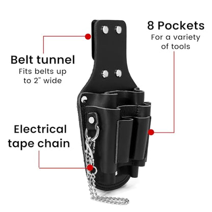 Small Tool Pouch, Genuine Leather Electrician Tool Pouch | 7 Pockets with Metal Tape Chain, Reinforced Rivets, Convenient & Quick Tool Access