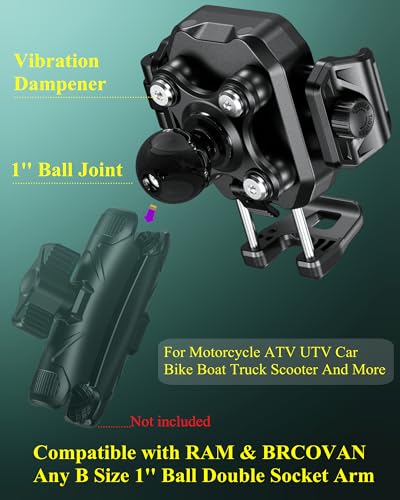BRCOVAN 1'' Ball Phone Mount Holder with Vibration Dampener, 1s Locking | for RAM Mounts B Size Double Socket Arm, Adjustable fit 5.4-7.2'' Phone, for Motorcycle ATV UTV Car Bike Boat Truck Scooter