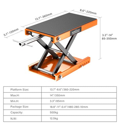 500KG Heavy Duty Motorcycle Scissor Lift, 150% Capacity 85mm-350mm Lift Range, Portable Maintenance Lift Table for Motorcycle, ATV, Scooter, Dirt Bike, with Optional Accessories