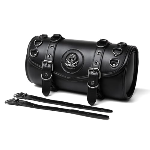 Motorcycle Tool Bag, Black PU Leather, Skull Design, Universal Waterproof Saddlebag for Front Fork Handlebar，Front Fork, Tail Rack (FBG344BK) - color: FBG344BK
