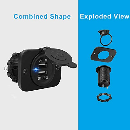 Riseuvo 2 Pack USB Charger Socket - 12v Dual USB Power Outlet 2A/1A Power Adapter for Car Marine Motorcycle ATV RV, with Wire Fuse DIY Kit