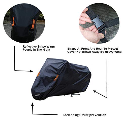 SEAZEN Motorcycle Cover Waterproof Outdoor, 5 Layer Heavy Duty Motorcycles Vehicle Cover Dustproof UV Protection with Night Reflective Straps and Lock-Holes (Motorcycle-XXL UP to 114") - size: Motorcycle-XXL UP To 114"