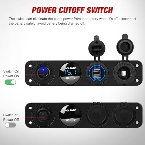 Nilight 4 in 1 Outlet Socket Panel 12V DC 4.8A Dual USB 12 Volt Cigarette Lighter LED Voltmeter ON Off Rocker Toggle Switch for Marine Boat Truck Car - color: 4 in 1 Blue